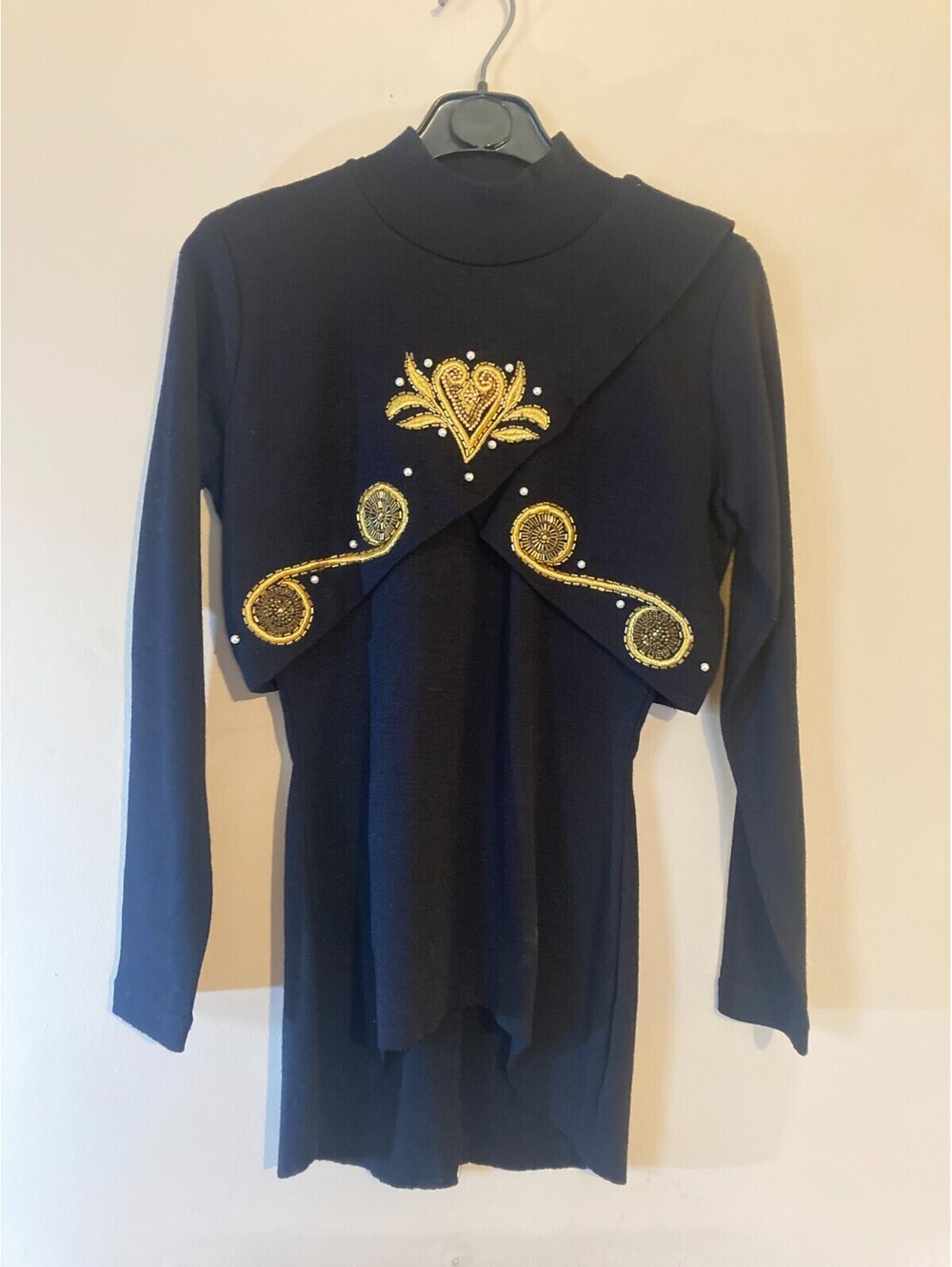 Unique VTG Black Dress Gold Embroidered w/Full Sleeves- size S - ONE OF A KIND